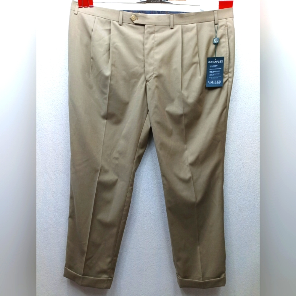 Lauren Ralph Lauren Men's Ultraflex Stretch Pleated Dress Pants (Tan, 42W x 30L)